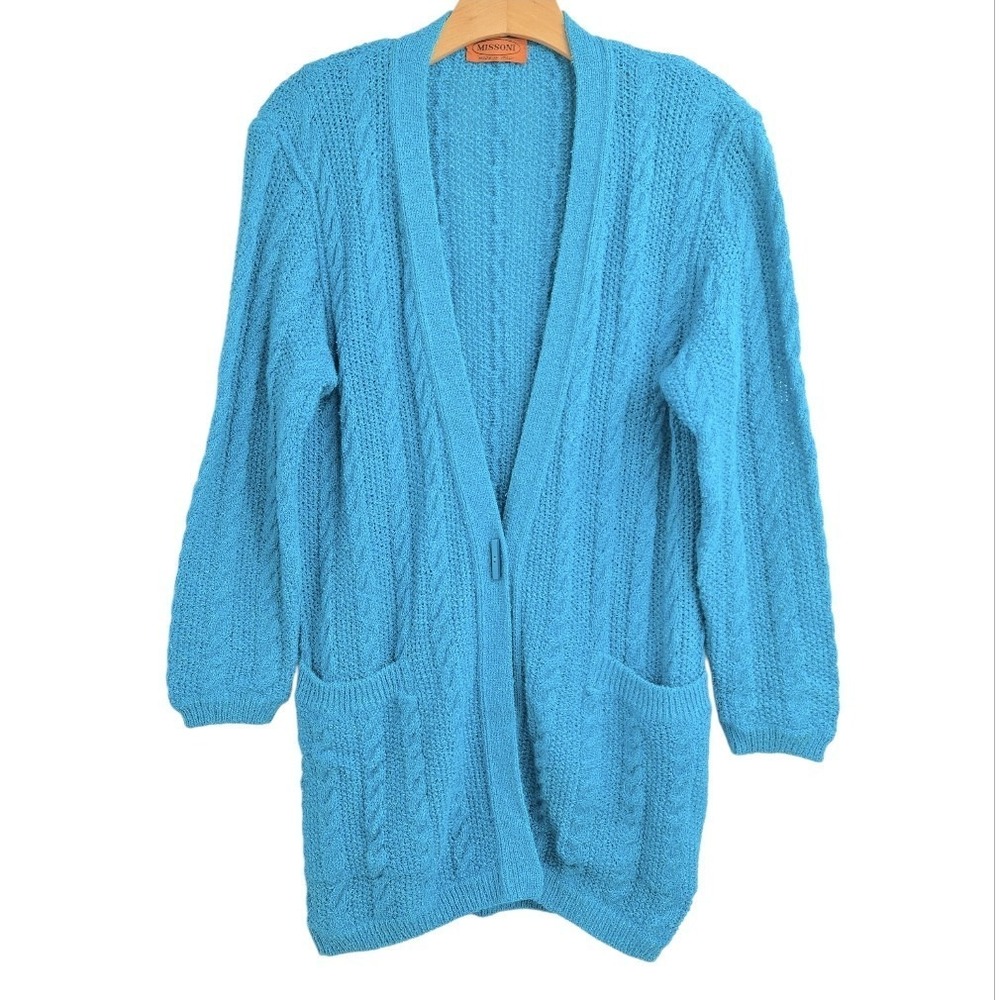 Missoni Cardigan Sweater Women Medium Turquoise Blue Wool Blend Pockets 80s VTG